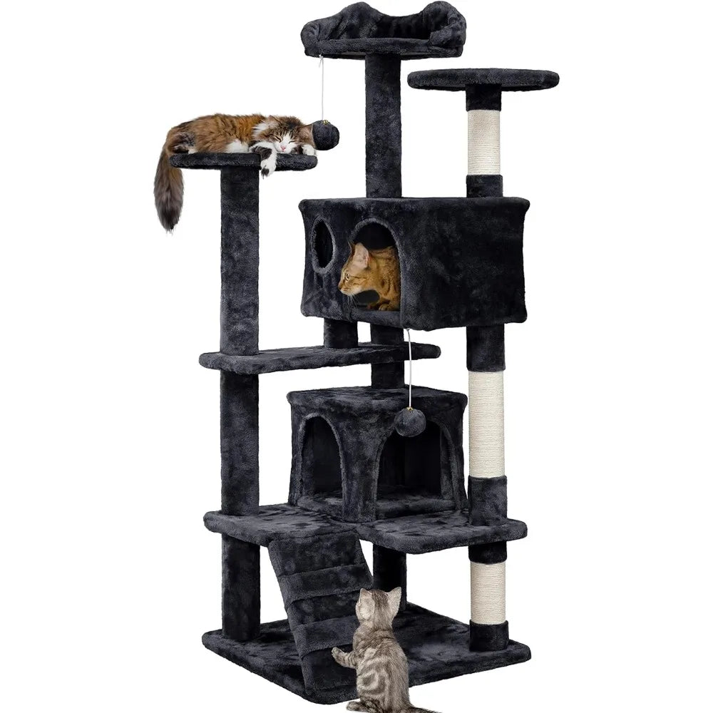 Yah 54in Cat Tree,Multi-Level Tower with Kitten-Ear Perch,2 Caves,Scratching Posts,Ladder,2 Plush Balls for Indoor Cats