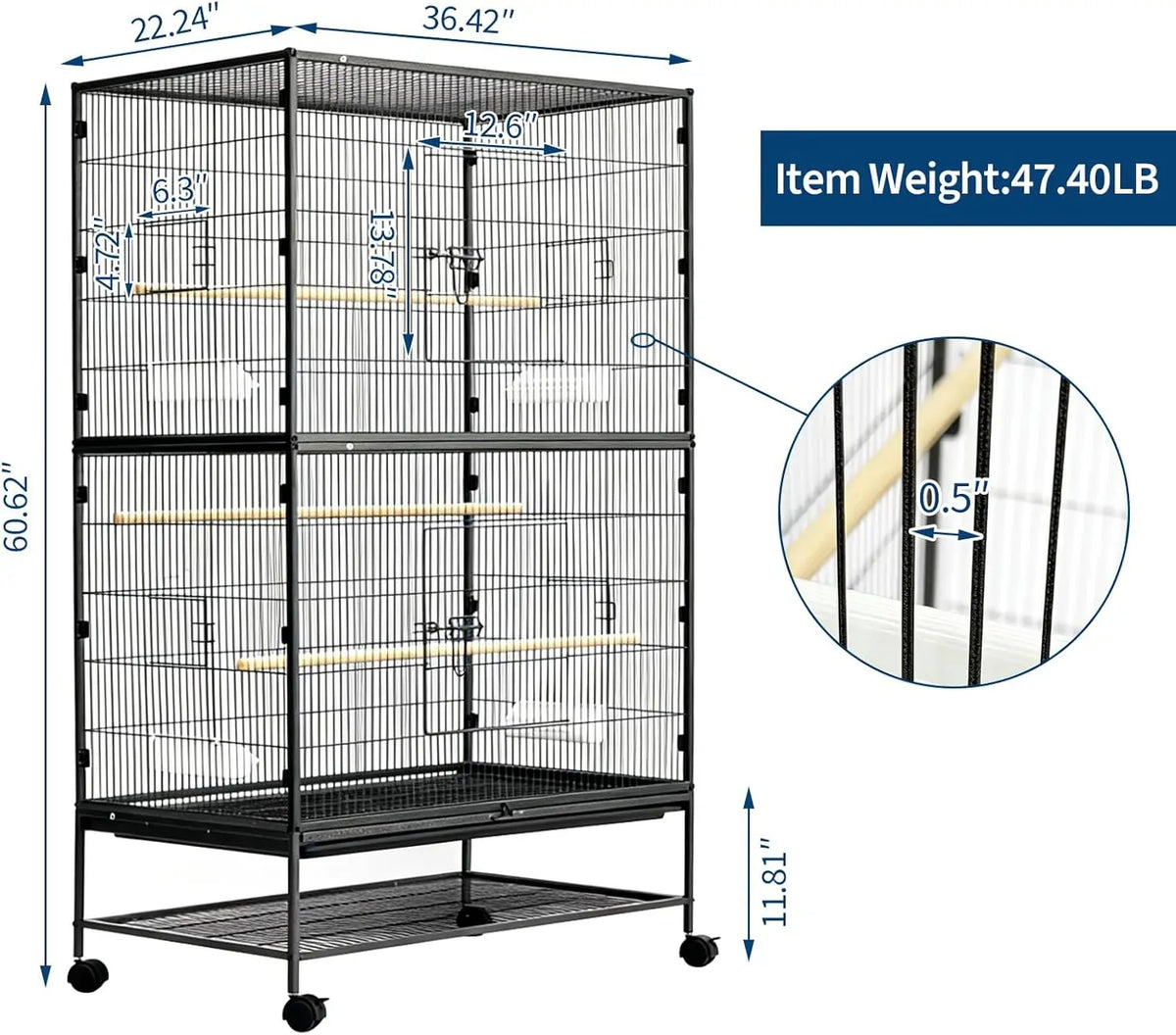 HiMISS Bird Cage With Wheels And Bowls For Parrots
