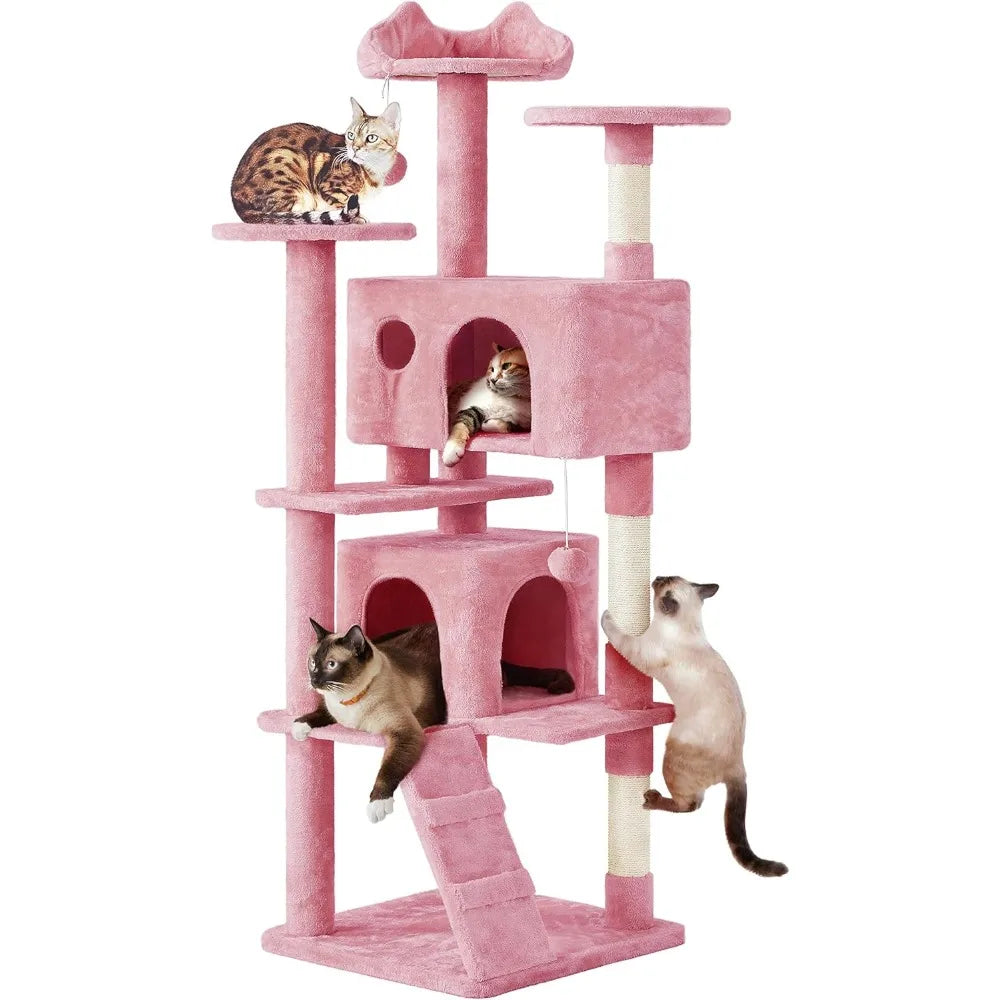 Yah 54in Cat Tree,Multi-Level Tower with Kitten-Ear Perch,2 Caves,Scratching Posts,Ladder,2 Plush Balls for Indoor Cats
