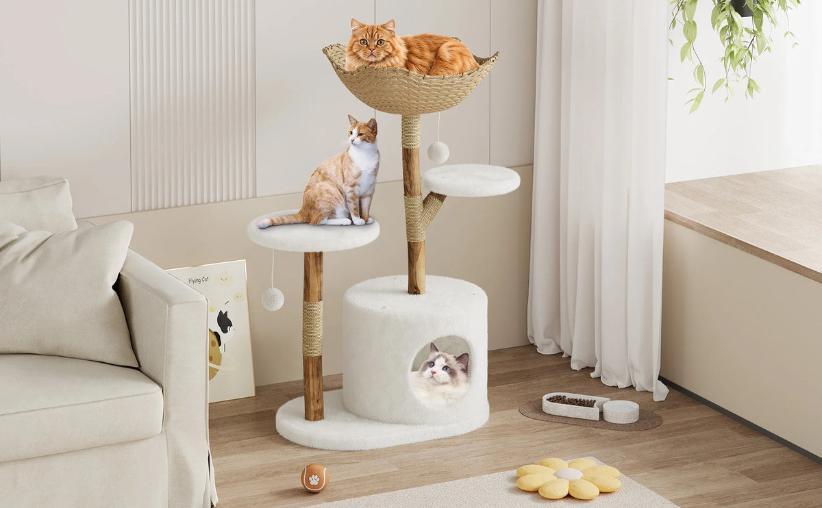 Modern Multilevel Cat Tree With Sisal Scratching Posts And Basket