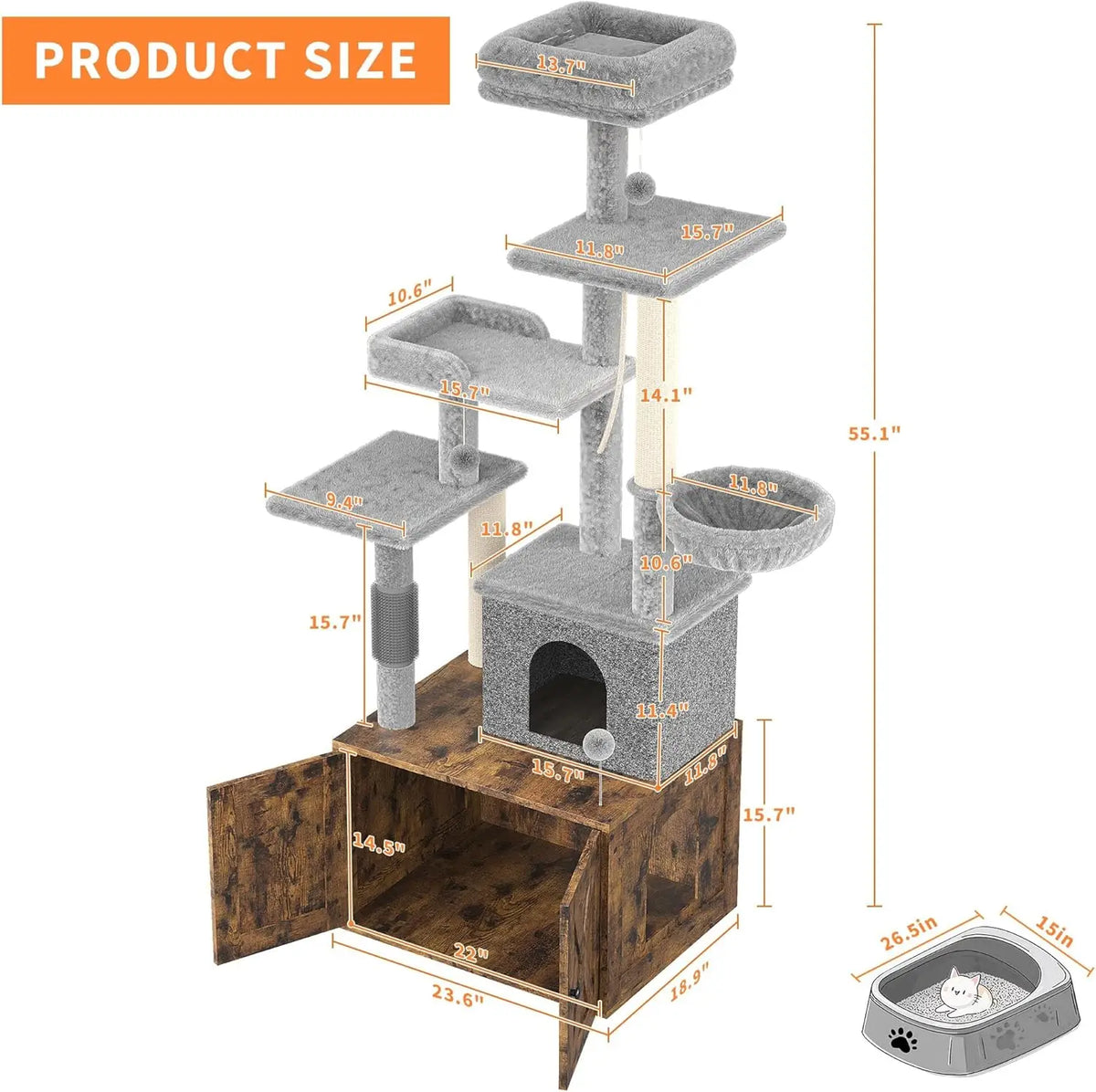 HiMISS Wooden Cat Tree With Litter Box Enclosure And Hammock