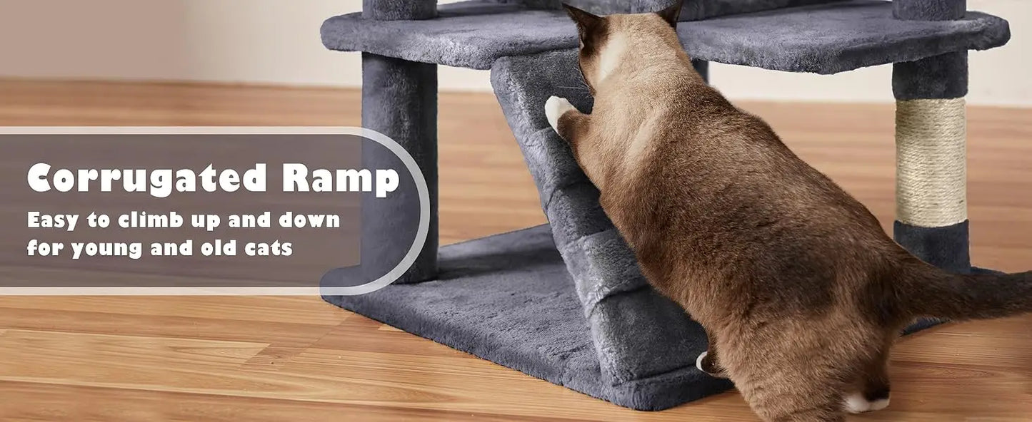 Yah 54in Cat Tree,Multi-Level Tower with Kitten-Ear Perch,2 Caves,Scratching Posts,Ladder,2 Plush Balls for Indoor Cats
