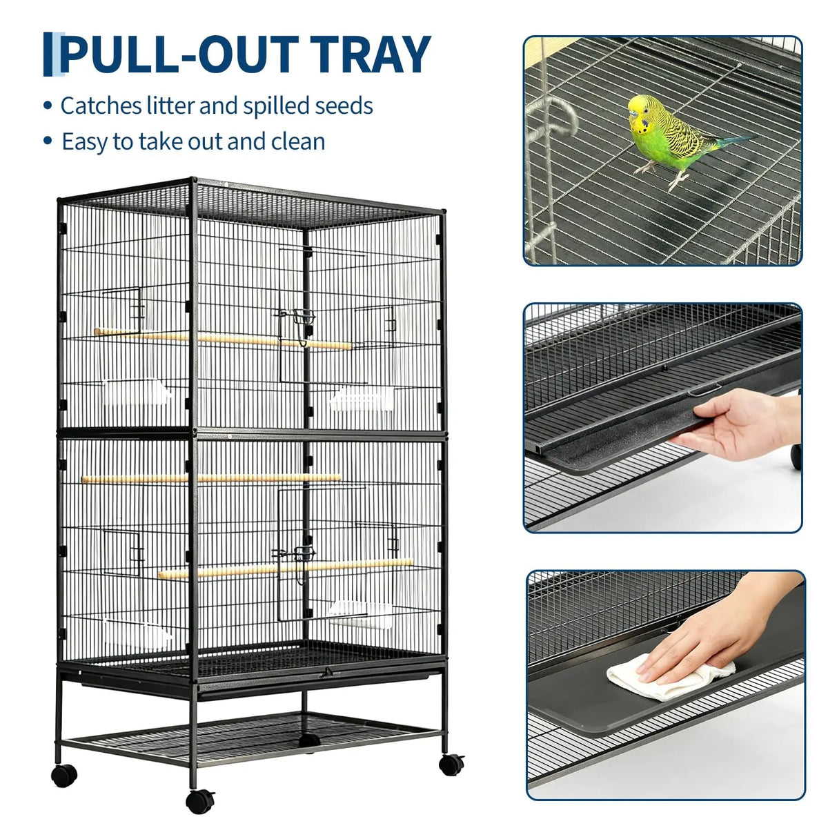 Rolling Bird Cage With Storage Stands And Feed Bowls