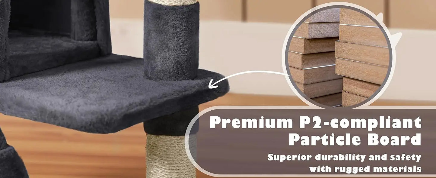 Yah 54in Cat Tree,Multi-Level Tower with Kitten-Ear Perch,2 Caves,Scratching Posts,Ladder,2 Plush Balls for Indoor Cats