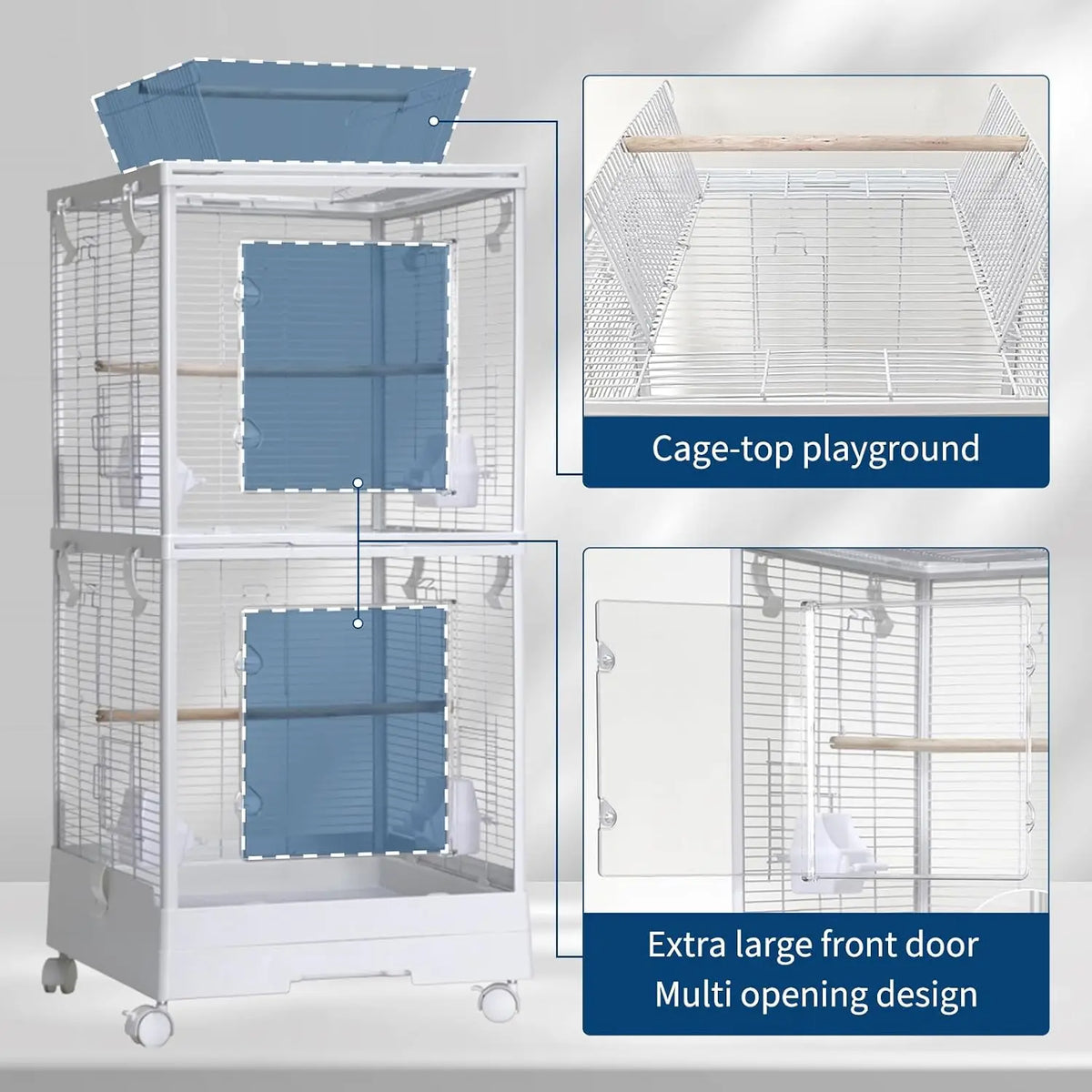 HiMISS Play Top Rolling Bird Cage With Adjustable Dividers