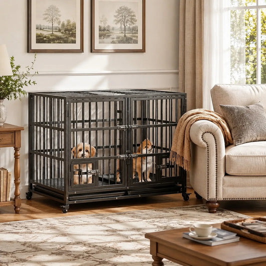 Heavy Duty Metal Dog Crate With Double Door And Wheels