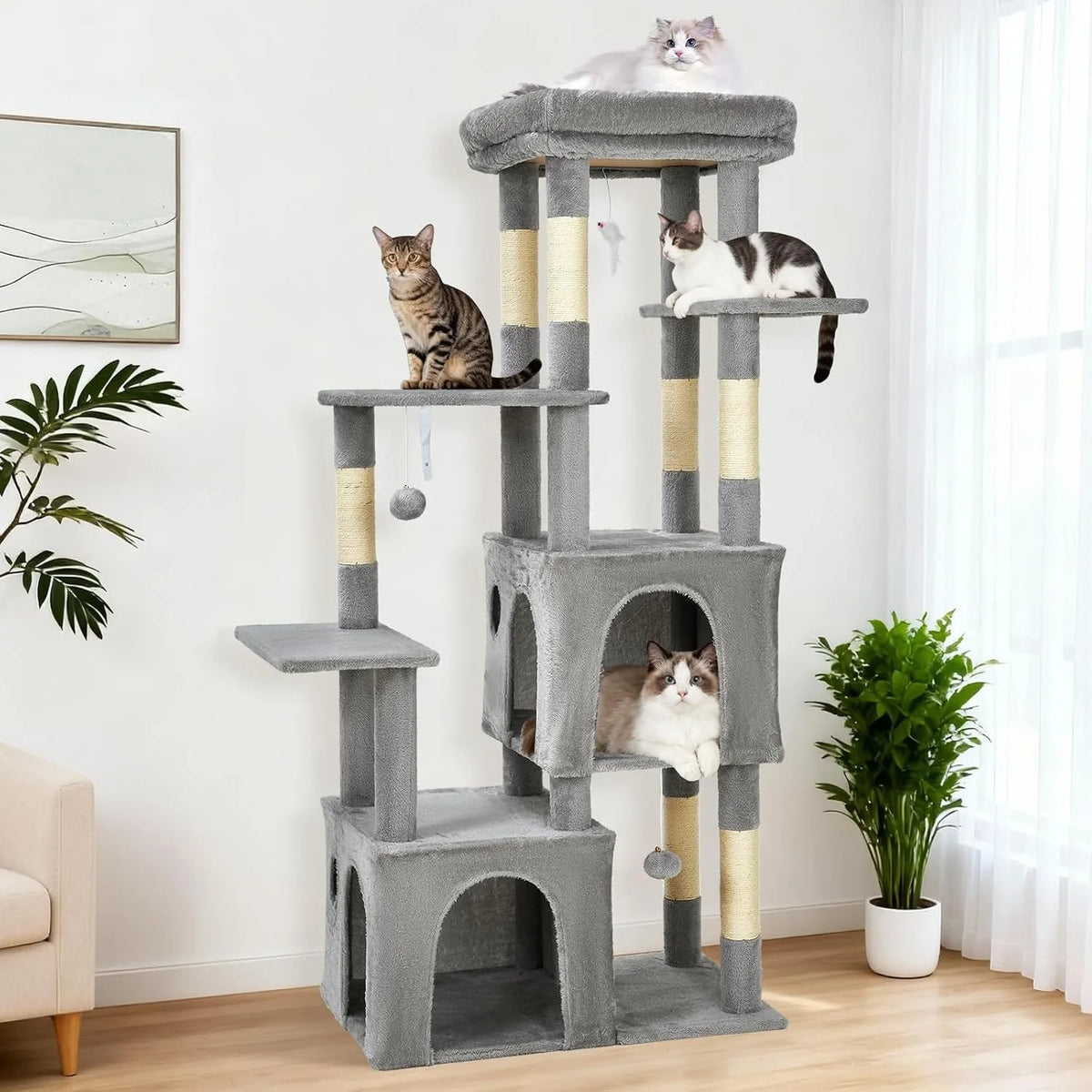 Multi Level Cat Tree With Scratching Posts And Hanging Toys