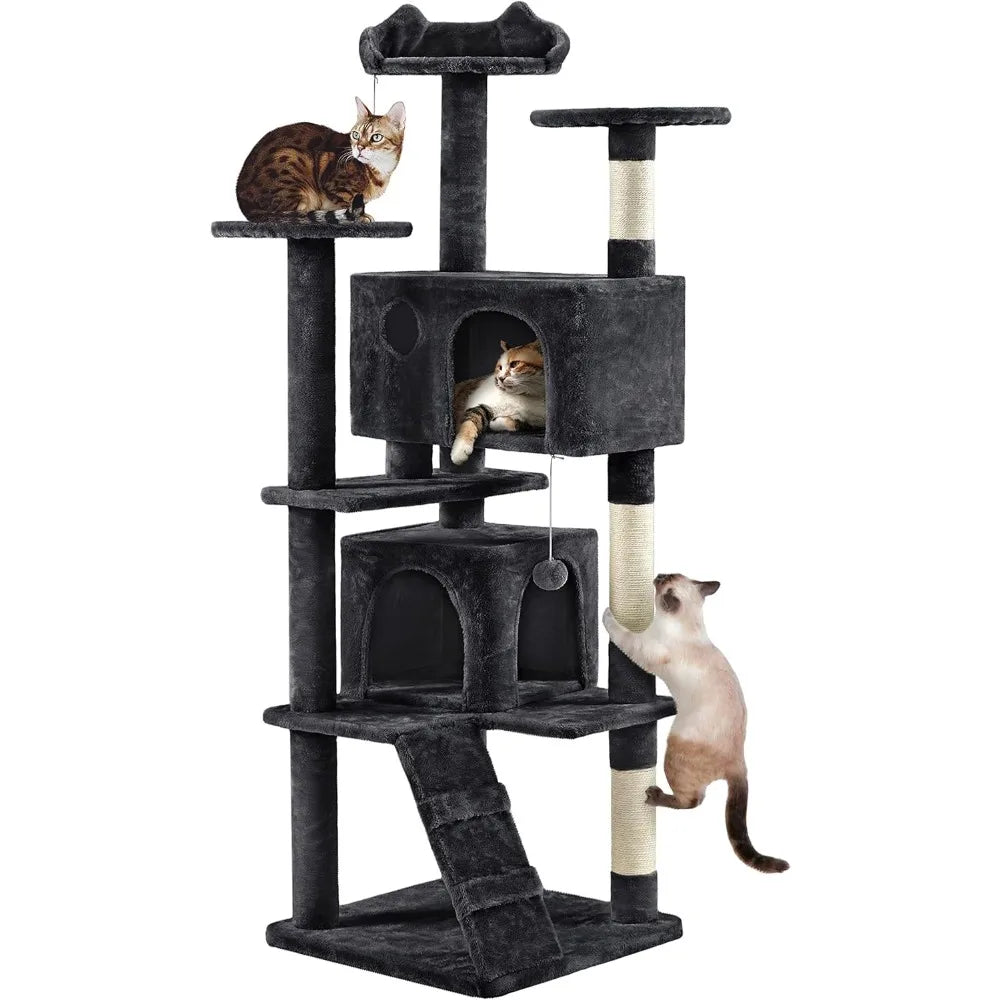 Yah 54in Cat Tree,Multi-Level Tower with Kitten-Ear Perch,2 Caves,Scratching Posts,Ladder,2 Plush Balls for Indoor Cats