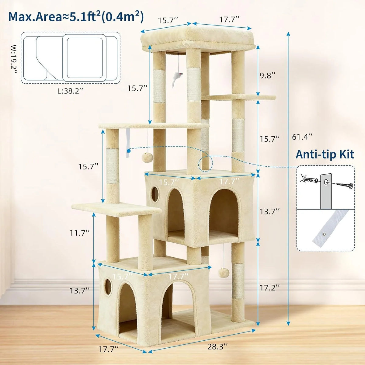 Multi Level Cat Tree With Scratching Posts And Hanging Toys