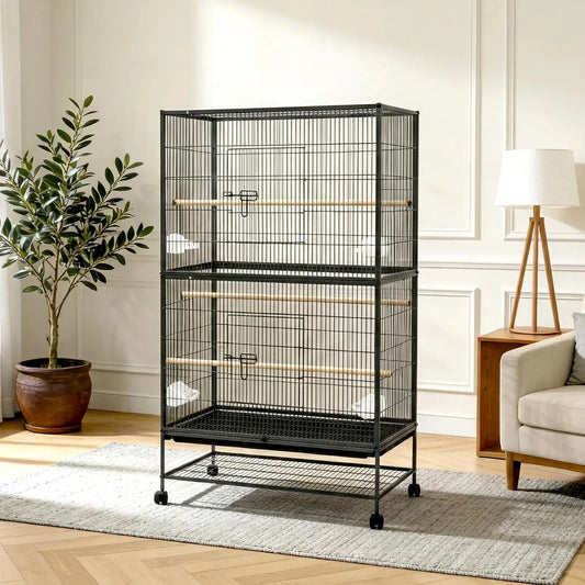 Rolling Bird Cage With Storage Stands And Feed Bowls