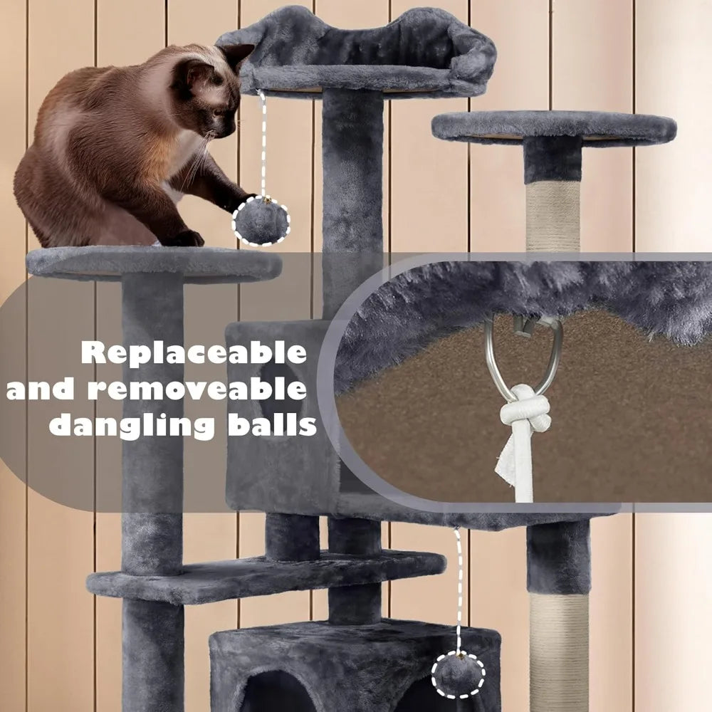 Yah 54in Cat Tree,Multi-Level Tower with Kitten-Ear Perch,2 Caves,Scratching Posts,Ladder,2 Plush Balls for Indoor Cats