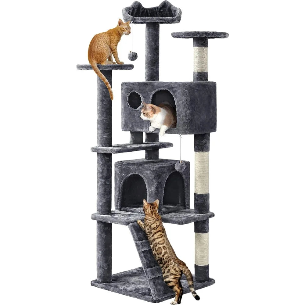 Yah 54in Cat Tree,Multi-Level Tower with Kitten-Ear Perch,2 Caves,Scratching Posts,Ladder,2 Plush Balls for Indoor Cats