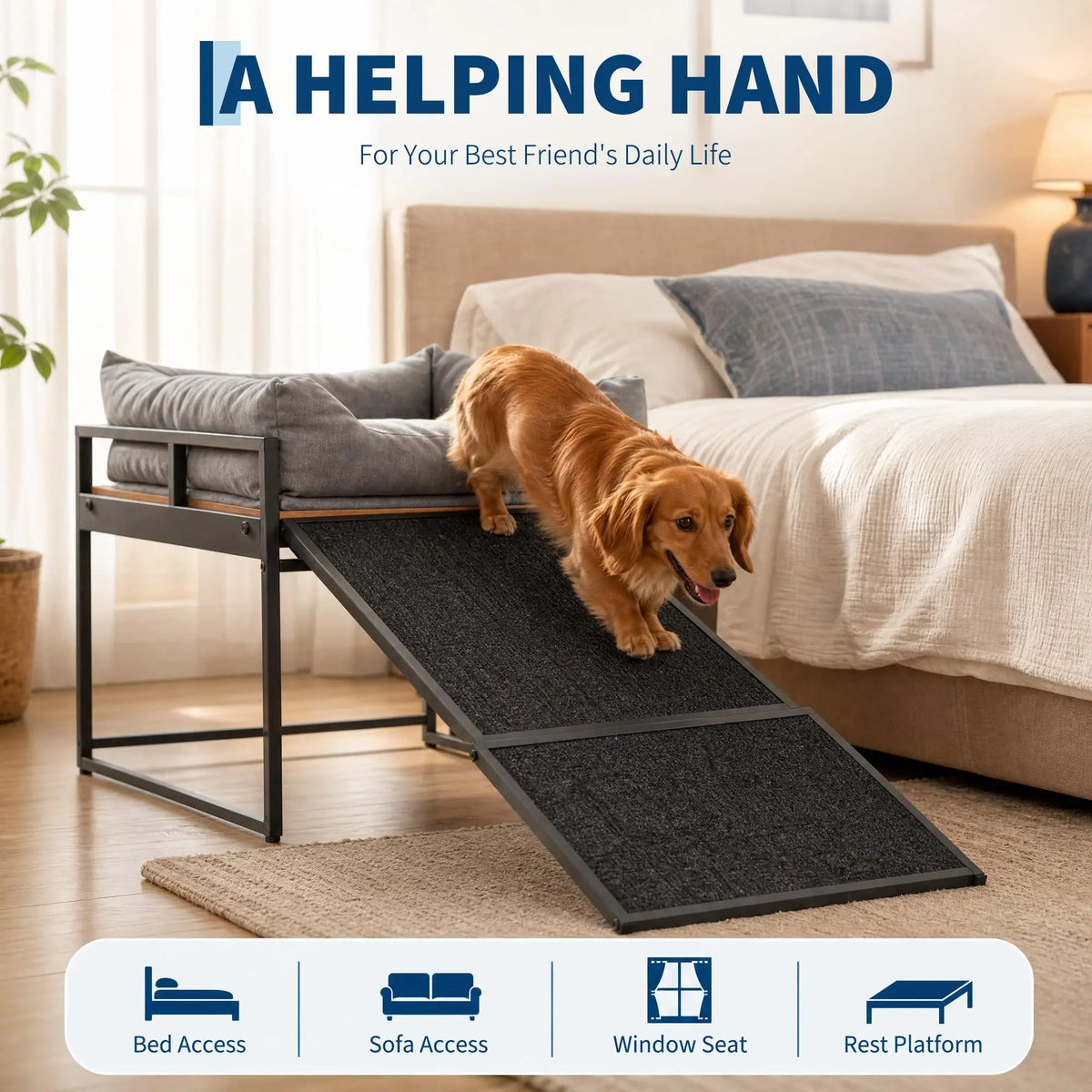 Elevated Pet Dog Bed Ramp With Soft Bolster Cushion Frame