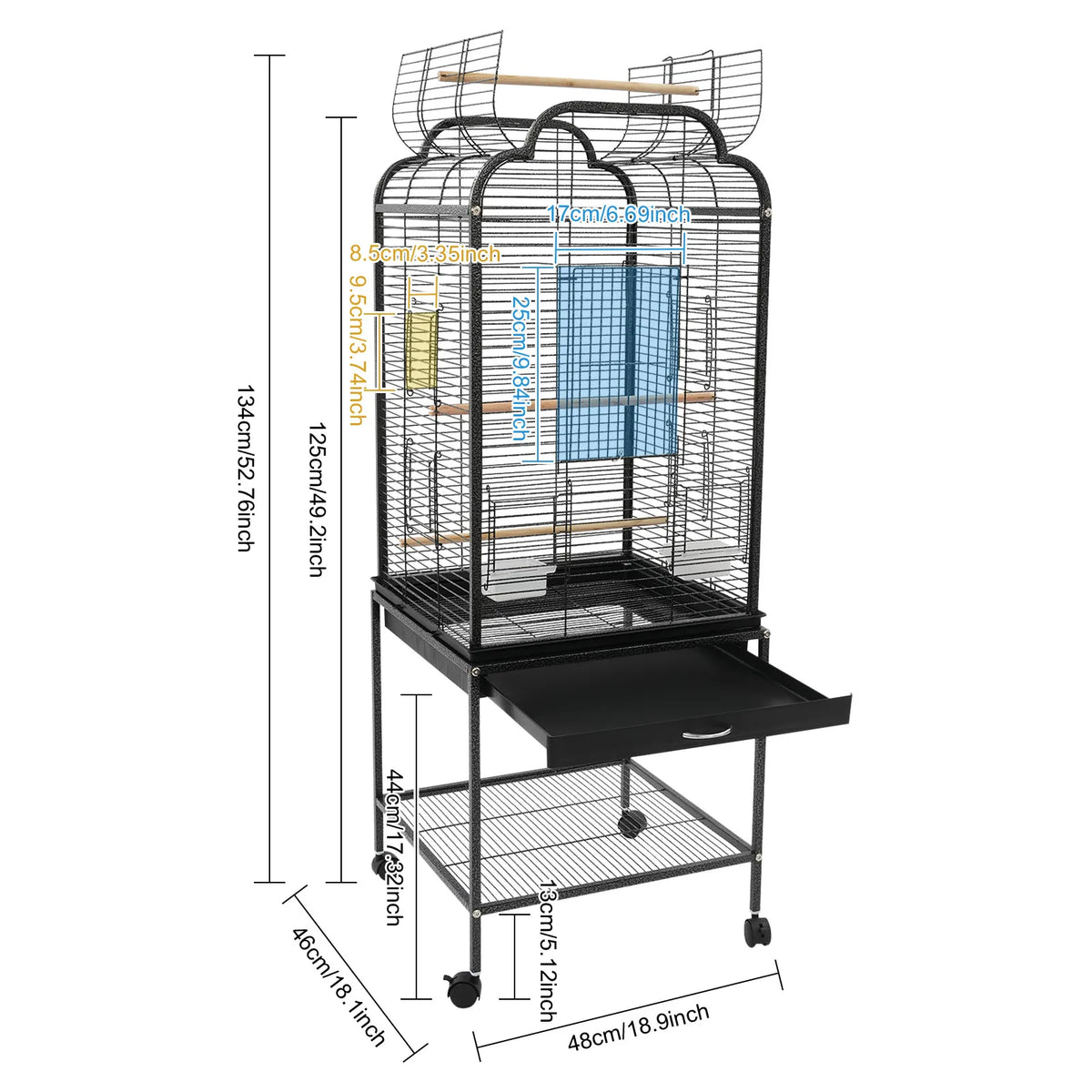 Rolling Bird Cage With Wheels Storage Shelf And Pullout Tray