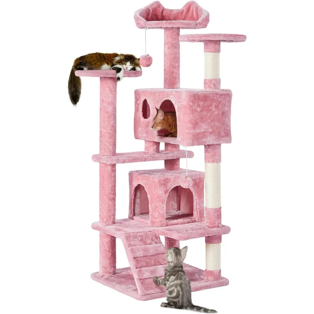 Yah 54in Cat Tree,Multi-Level Tower with Kitten-Ear Perch,2 Caves,Scratching Posts,Ladder,2 Plush Balls for Indoor Cats