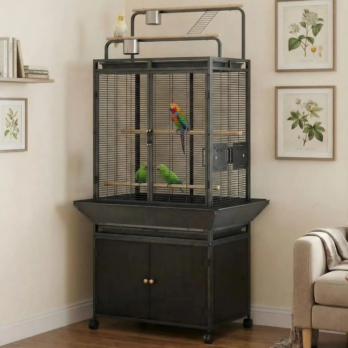 HiMISS Bird Cage With Rolling Wheels And Wooden Play Top