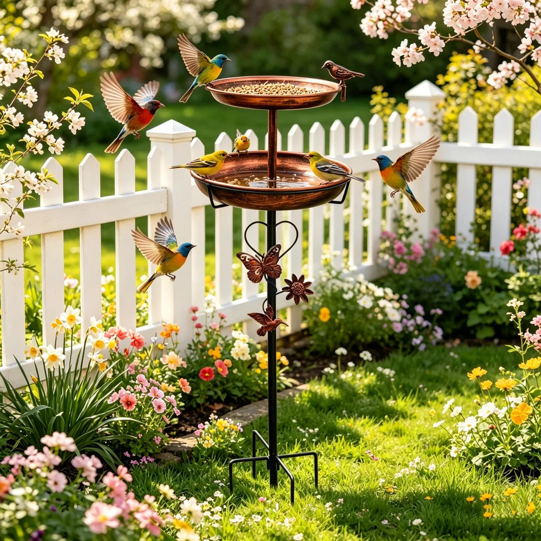 Freestanding Double Layer Bird Feeder With Bird Bath Stand
