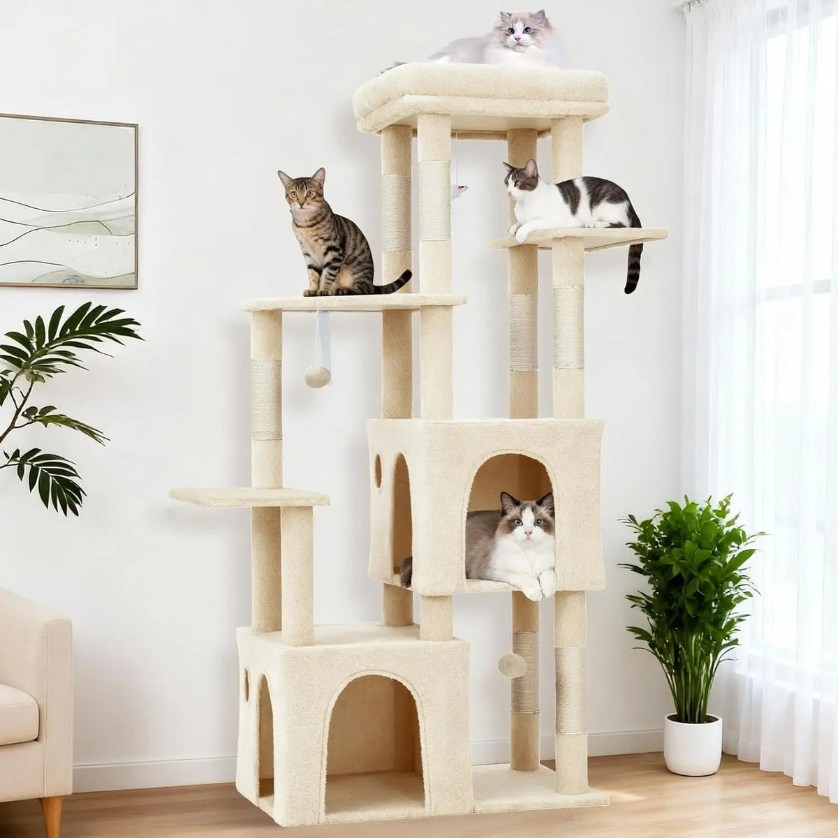 Multi Level Cat Tree With Scratching Posts And Hanging Toys