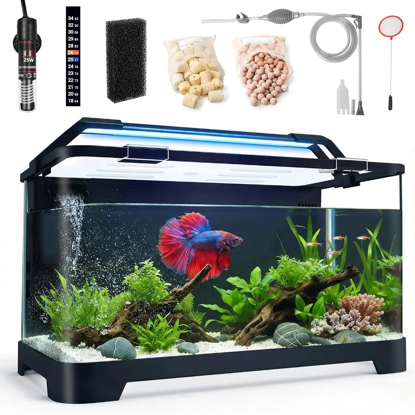3.5 Gallon Self-Cleaning Aquarium Kit with Heater, LED Light & Filtration for Betta Fish and Shrimp
