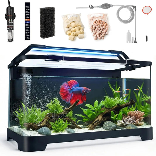 3.5 Gallon Self-Cleaning Aquarium Kit with Heater, LED Light & Filtration for Betta Fish and Shrimp