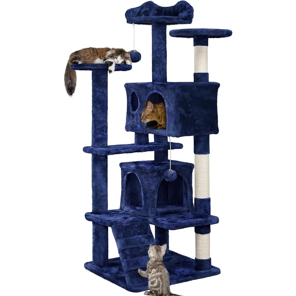 Yah 54in Cat Tree,Multi-Level Tower with Kitten-Ear Perch,2 Caves,Scratching Posts,Ladder,2 Plush Balls for Indoor Cats