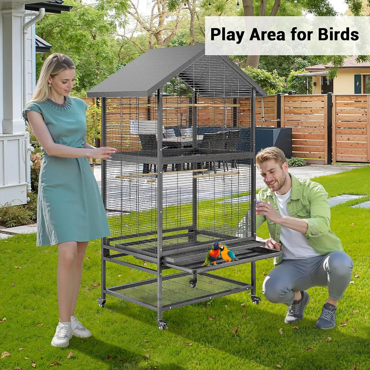 Wrought Iron Bird Cage With Rolling Stand And Dual Compartments