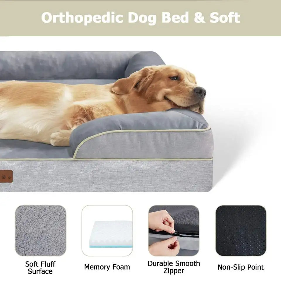 Orthopedic Memory Foam Dog Bed With Raised Bolster Cover