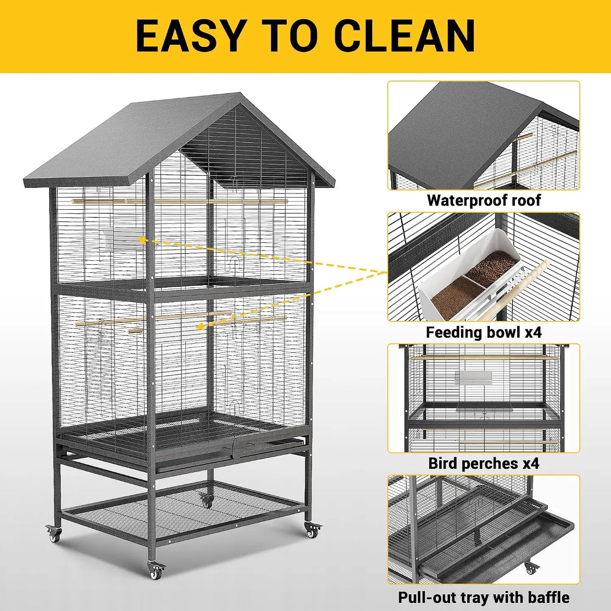 Wrought Iron Bird Cage With Rolling Stand And Dual Compartments