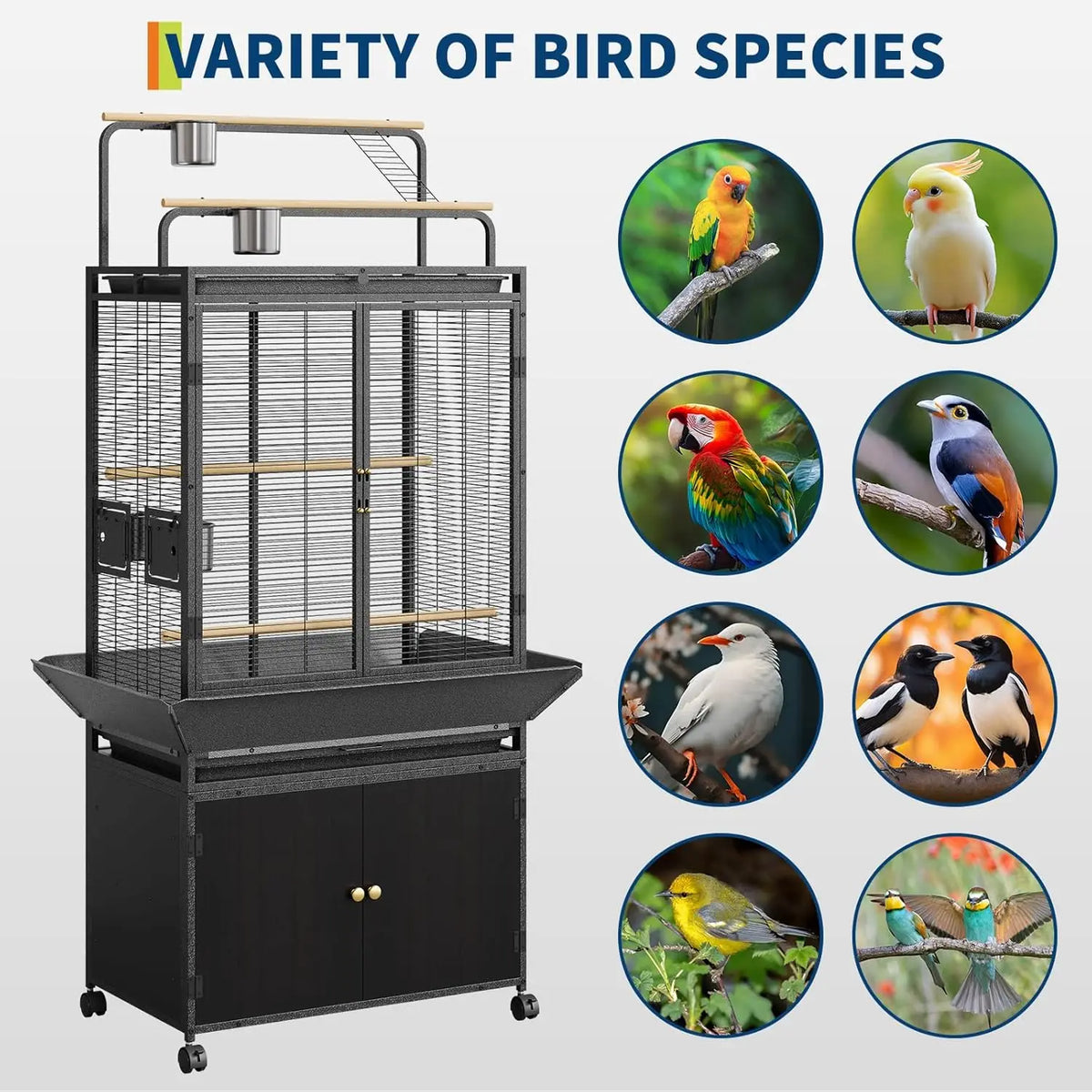 HiMISS Bird Cage With Rolling Wheels And Wooden Play Top