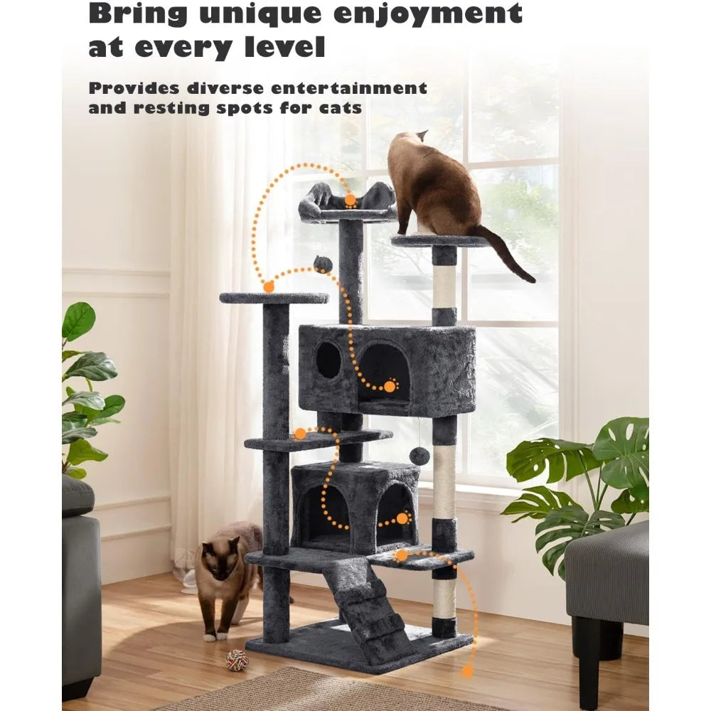 Yah 54in Cat Tree,Multi-Level Tower with Kitten-Ear Perch,2 Caves,Scratching Posts,Ladder,2 Plush Balls for Indoor Cats