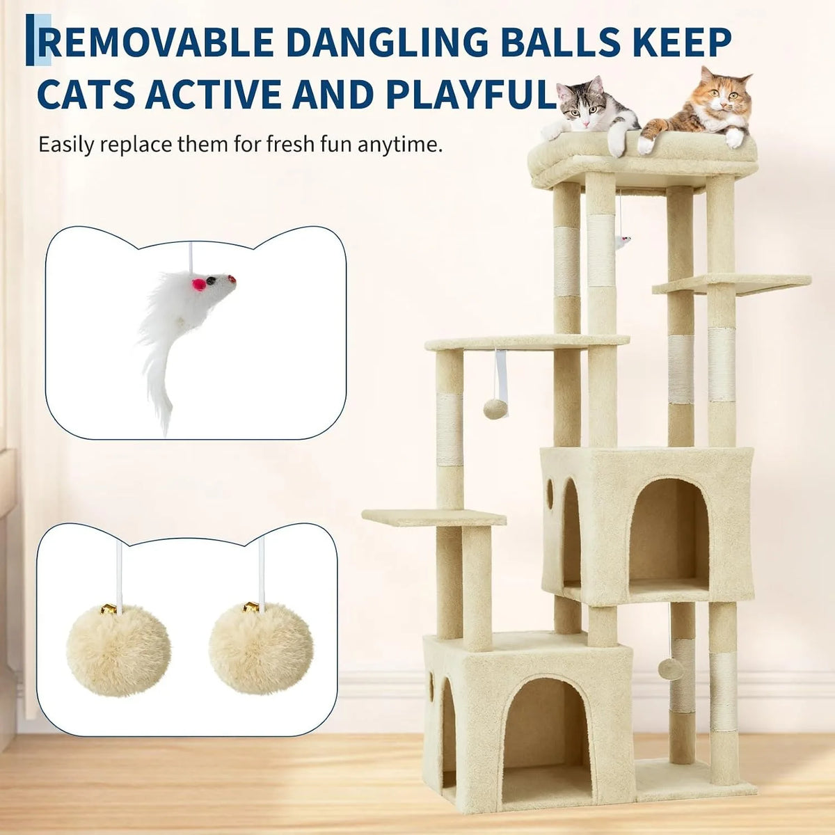 Multi Level Cat Tree With Scratching Posts And Hanging Toys