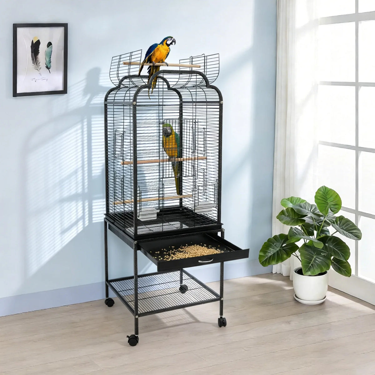 Rolling Bird Cage With Wheels Storage Shelf And Pullout Tray