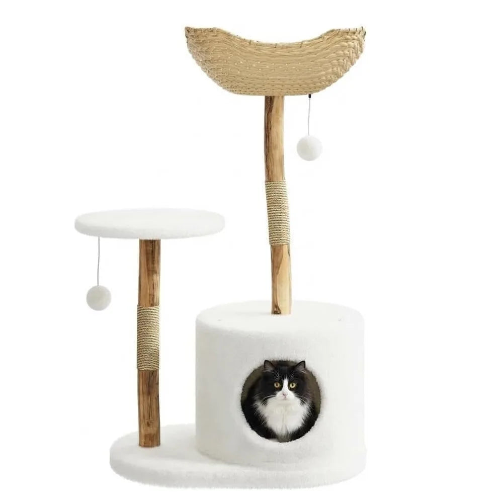 Wooden Rattan Multi Level Cat Tree Tower With Indoor Perches