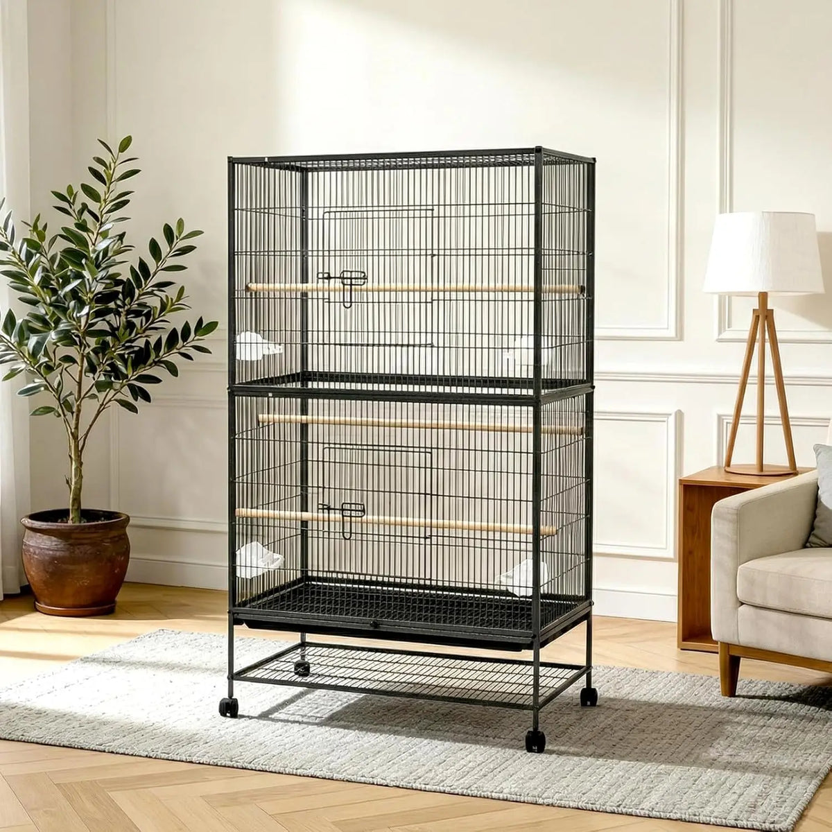 HiMISS Large Bird Cage With Rolling Stands And Feed Bowls