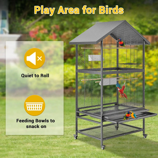 Wrought Iron Bird Cage With Rolling Stand And Dual Compartments