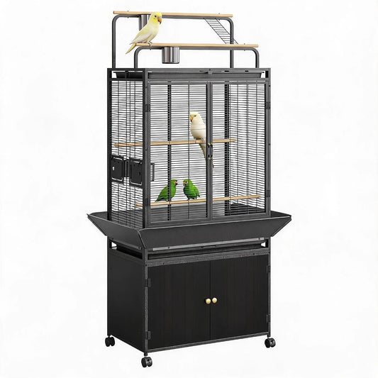 HiMISS Bird Cage With Rolling Wheels And Wooden Play Top