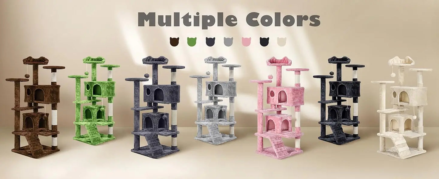 Yah 54in Cat Tree,Multi-Level Tower with Kitten-Ear Perch,2 Caves,Scratching Posts,Ladder,2 Plush Balls for Indoor Cats