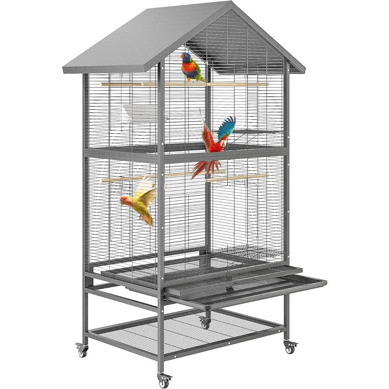 Wrought Iron Parrot Flight Cage With Rolling Bird Aviary Stand