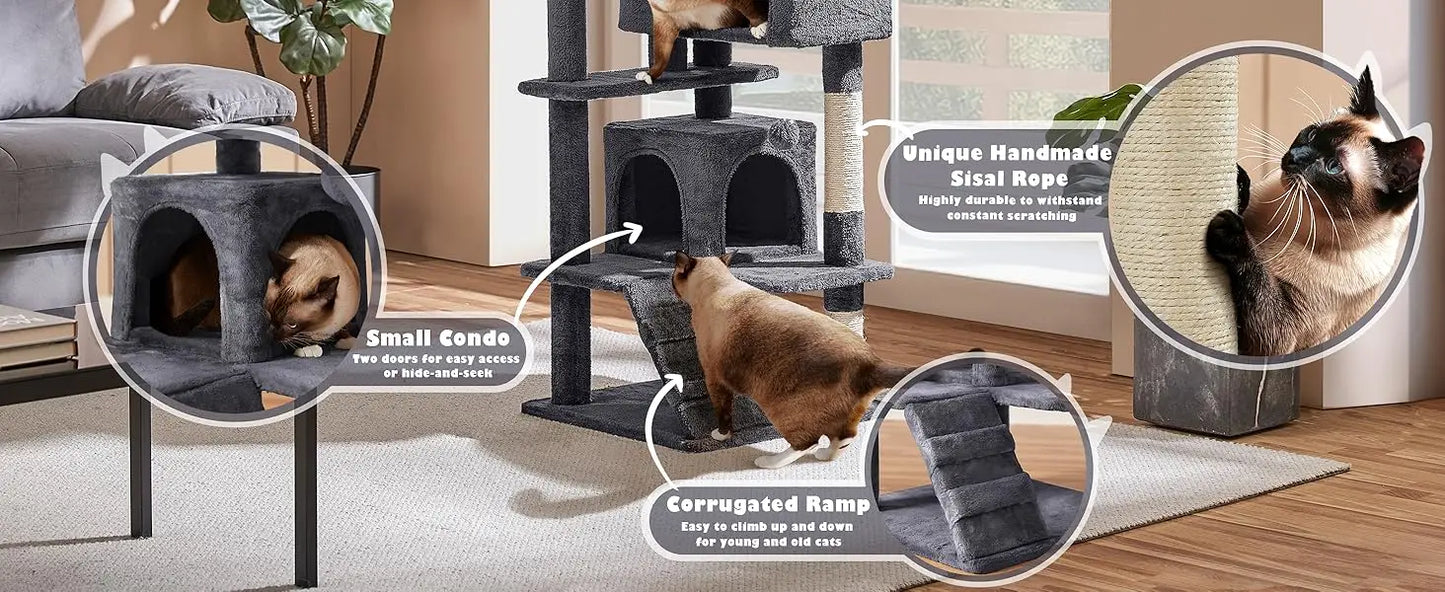 Yah 54in Cat Tree,Multi-Level Tower with Kitten-Ear Perch,2 Caves,Scratching Posts,Ladder,2 Plush Balls for Indoor Cats