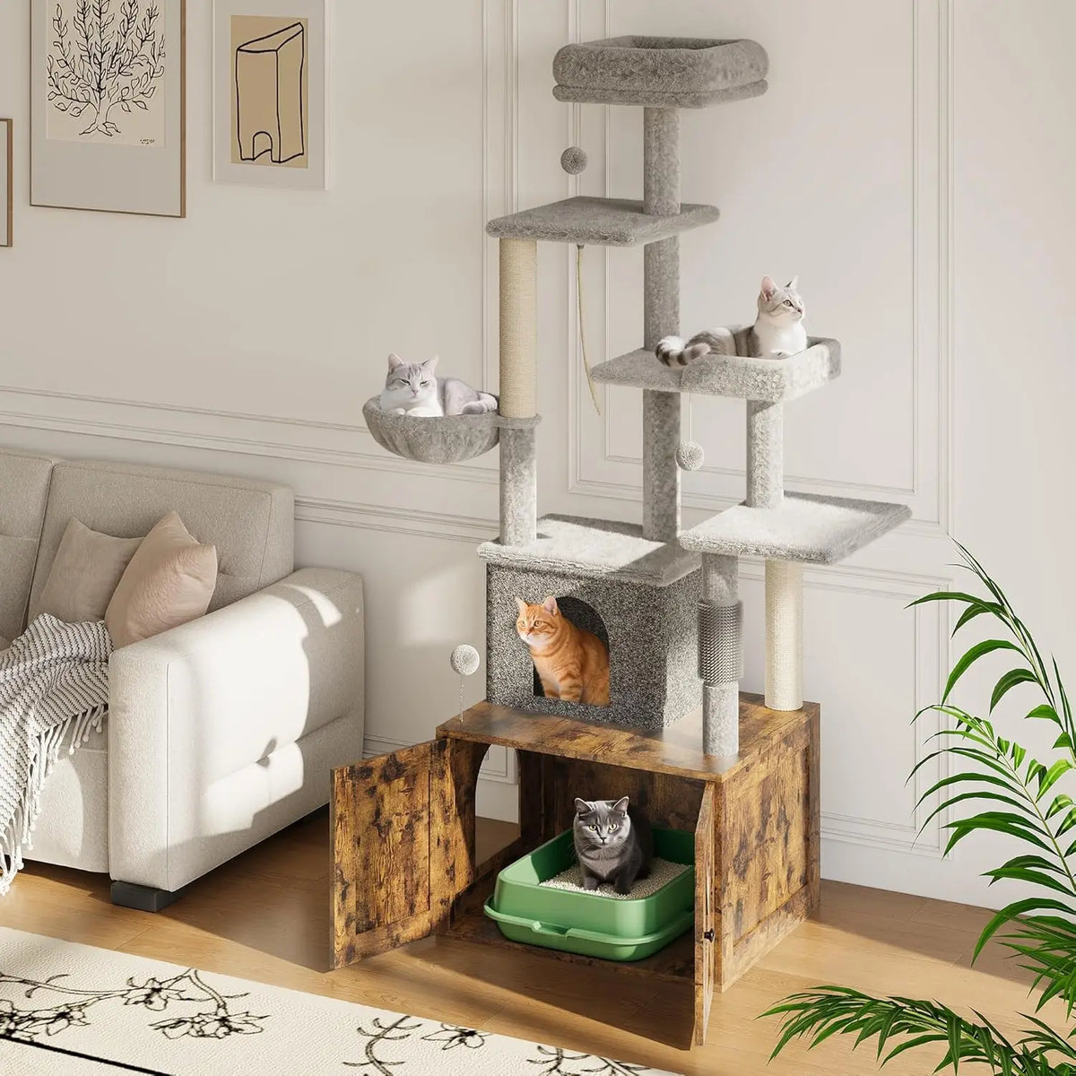 HiMISS Wooden Cat Tree With Litter Box Enclosure And Hammock