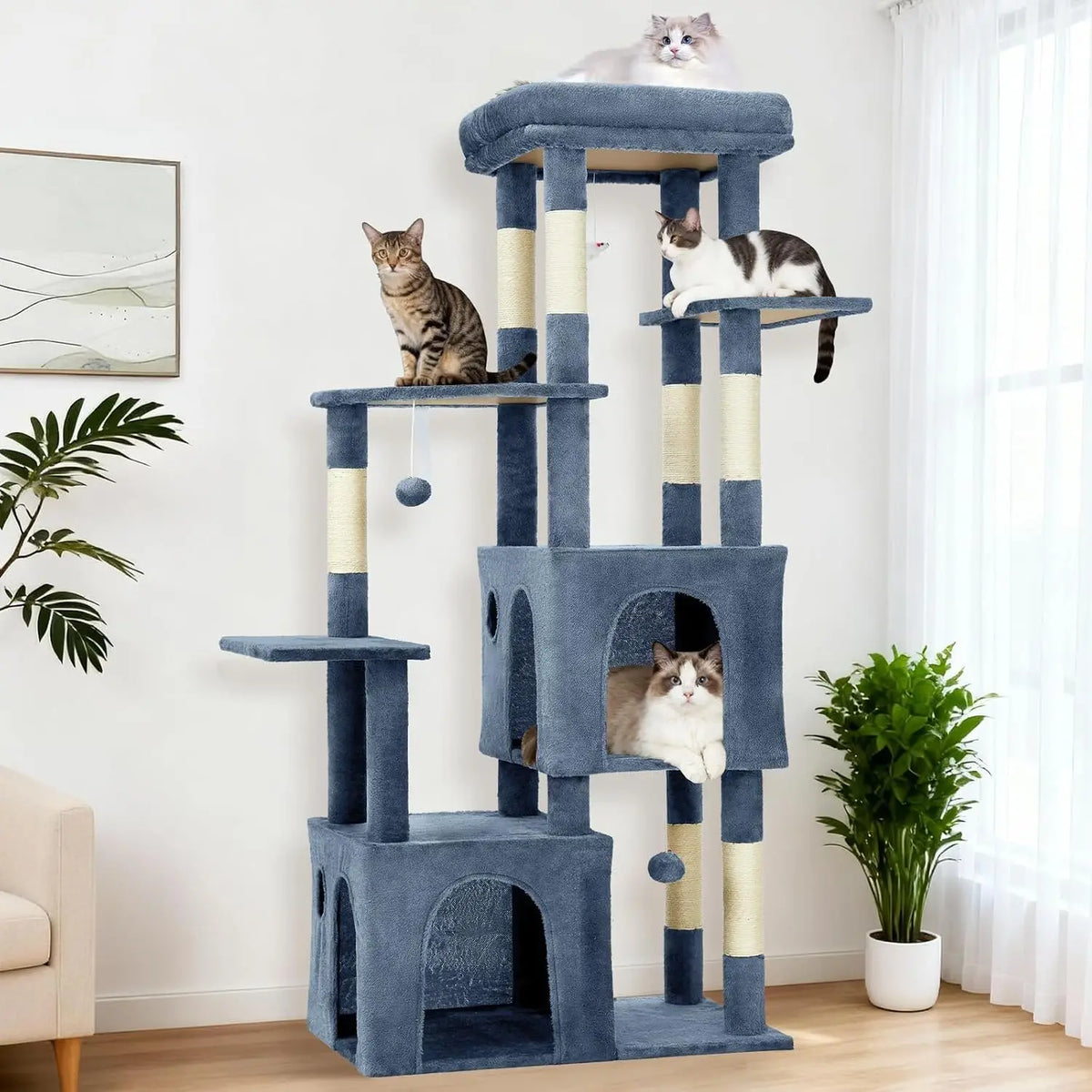 Multi Level Cat Tree With Scratching Posts And Hanging Toys