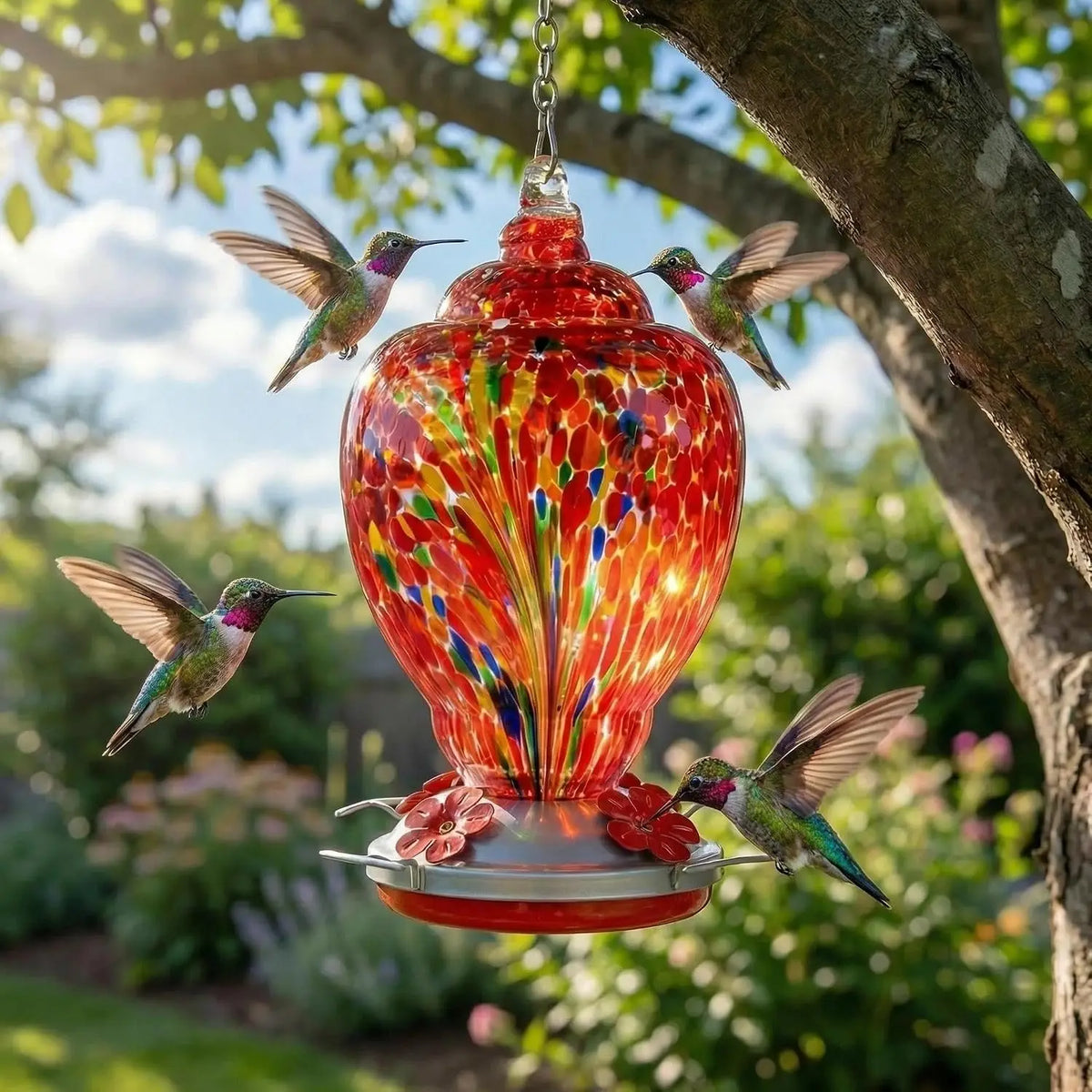 Hand Blown Glass Hummingbird Feeder With Ant Proof Moat Kit