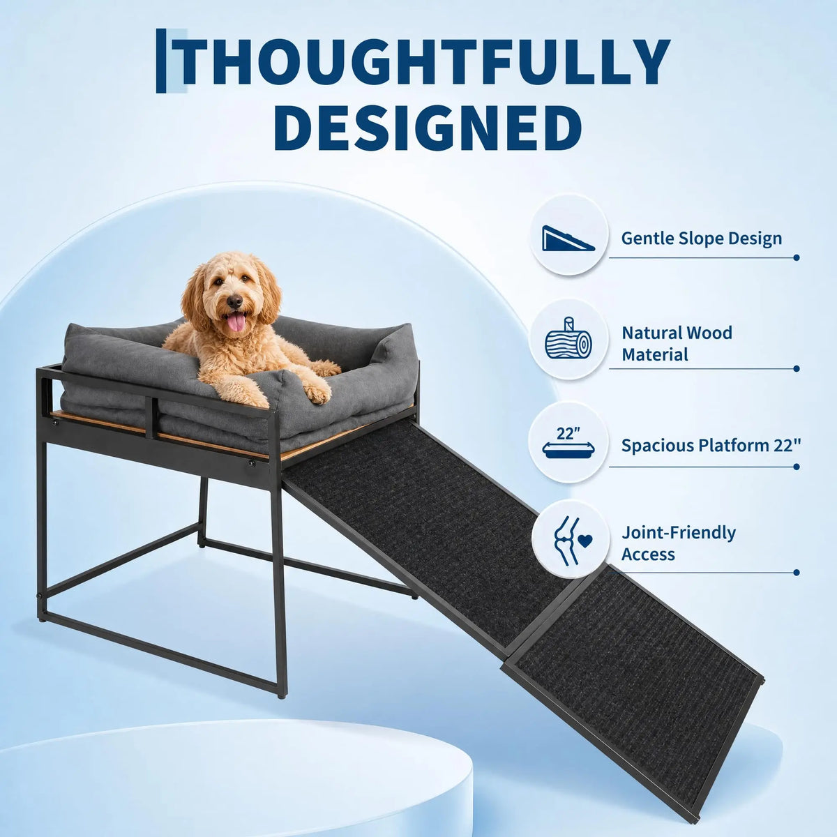 Elevated Pet Dog Bed Ramp With Soft Bolster Cushion Frame