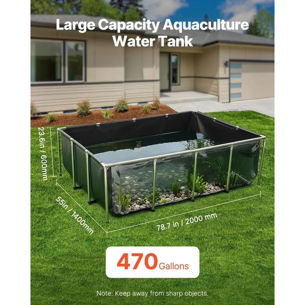 Fish Pond, 470 Gal Above Ground Fish Pond, PVC Koi Tank with Clear Viewing Panel, Rectangular Goldfish Tank with Stainless Steel