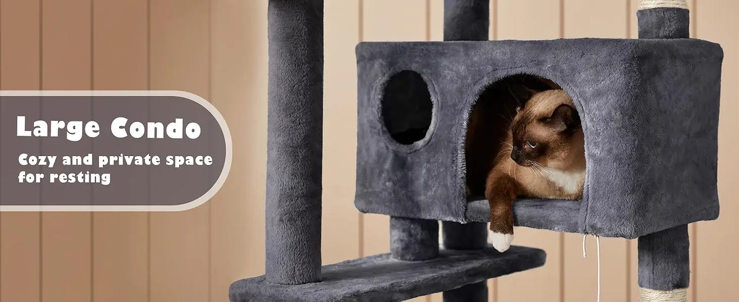 Yah 54in Cat Tree,Multi-Level Tower with Kitten-Ear Perch,2 Caves,Scratching Posts,Ladder,2 Plush Balls for Indoor Cats