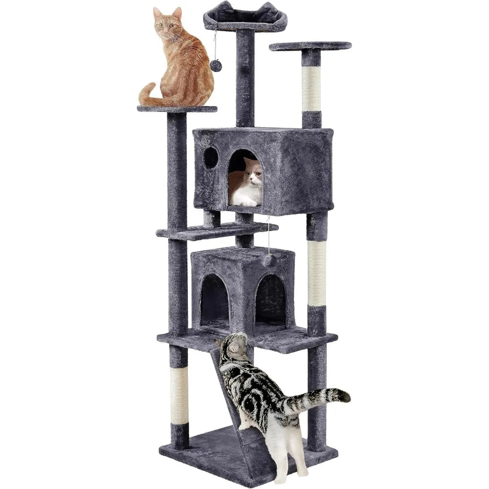 Yah 54in Cat Tree,Multi-Level Tower with Kitten-Ear Perch,2 Caves,Scratching Posts,Ladder,2 Plush Balls for Indoor Cats