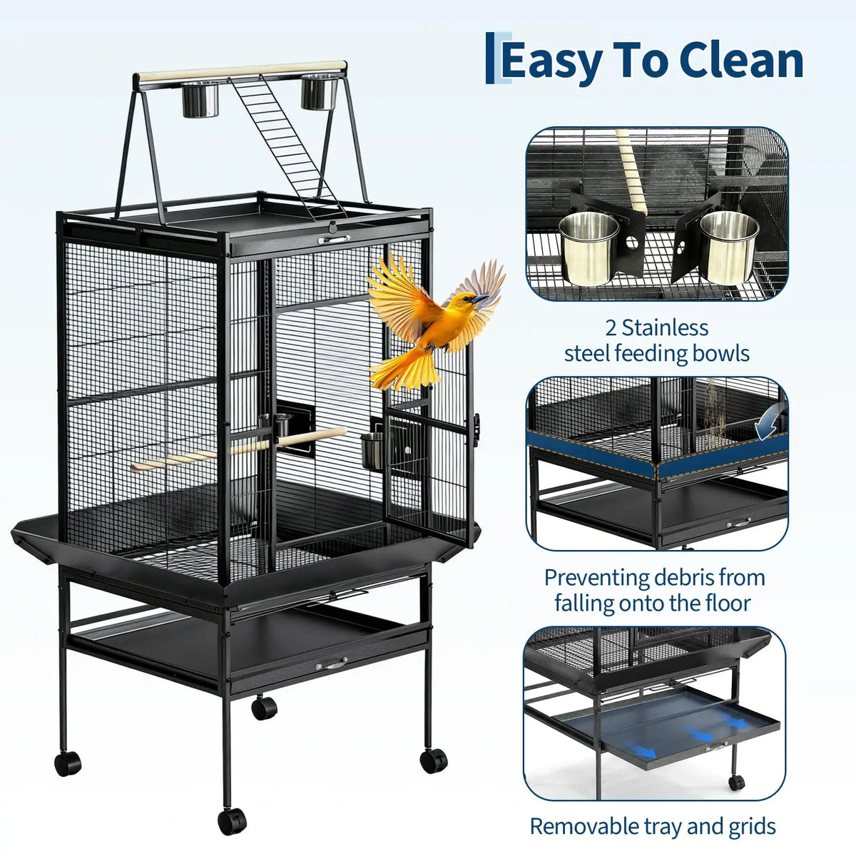 HiMISS Metal Parrot Cage With Rolling Stand And Play Top