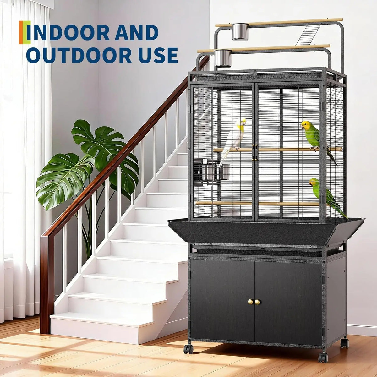 HiMISS Bird Cage With Rolling Wheels And Wooden Play Top