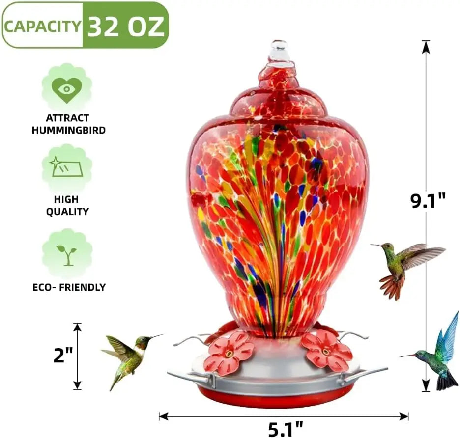 Hand Blown Glass Hummingbird Feeder With Ant Proof Moat Kit