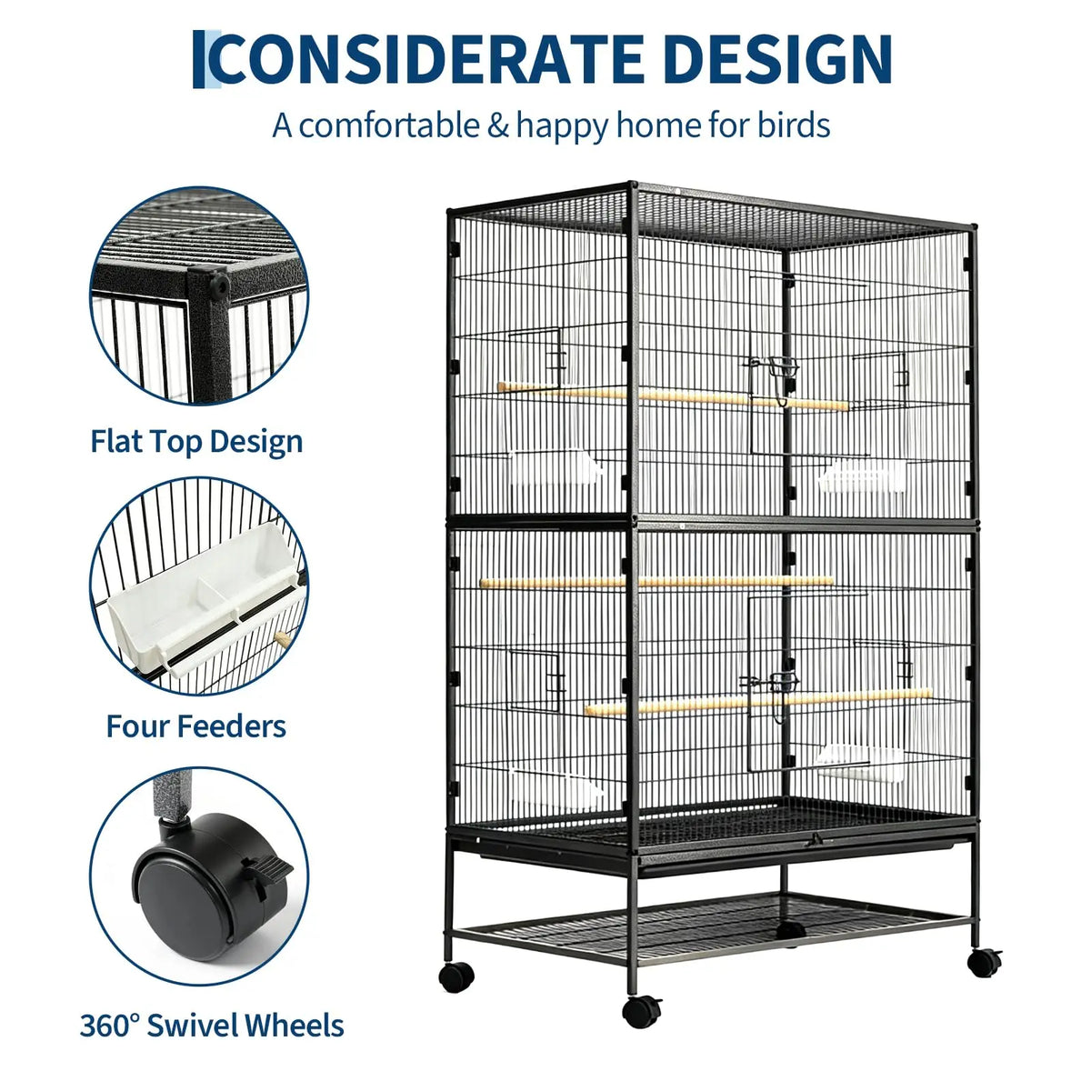 Rolling Bird Cage With Storage Stands And Feed Bowls